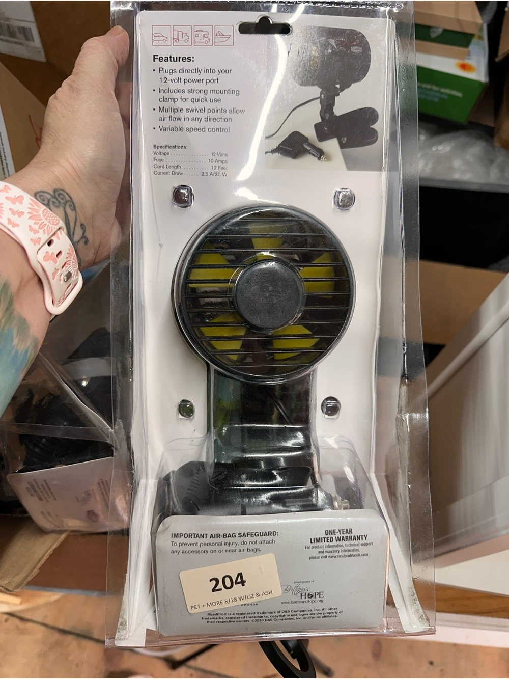 Compact Black Clip-On 12V Car Fan with Yellow Accents